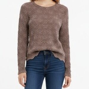 AURA Brown Mauve Textured Knit Crew Neck Long Sleeve Scalloped Hem Sweater LG